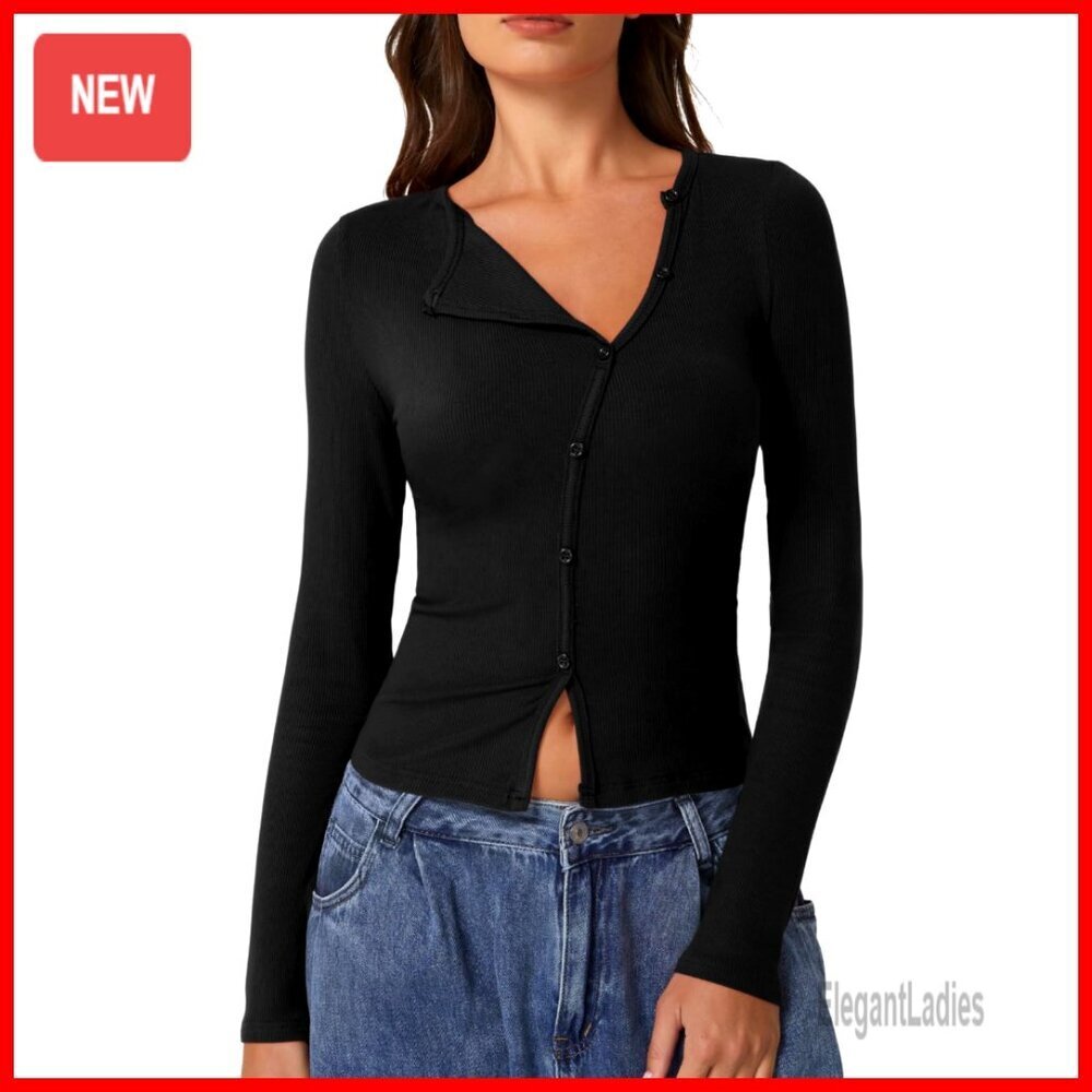 Long Sleeve Ribbed Crewneck Top with Button Fastening